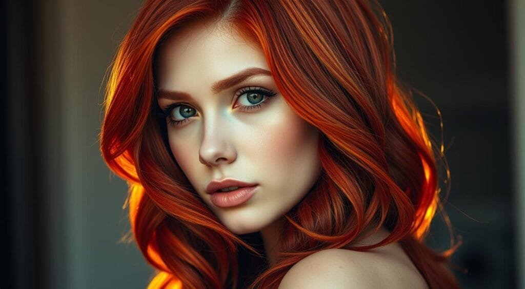 Vibrant red hair cascading in lush, lustrous waves, carefully styled to frame a flawless porcelain complexion. Warm, golden lighting illuminates the figure, casting soft shadows that accentuate the rich, crimson hue of the tresses. The subject's gaze is confident and alluring, inviting the viewer to admire the striking, well-maintained color. The background is a serene, blurred tableau, allowing the focus to remain solely on the captivating hair and radiant, flawless skin. Captured with a shallow depth of field, the image exudes a sense of sophistication and glamour, reflecting the effortless elegance of a stunning, vibrant red hair color. Vibrant red hair cascading in lush, lustrous waves, carefully styled to frame a flawless porcelain complexion. Warm, golden lighting illuminates the figure, casting soft shadows that accentuate the rich, crimson hue of the tresses. The subject's gaze is confident and alluring, inviting the viewer to admire the striking, well-maintained color. The background is a serene, blurred tableau, allowing the focus to remain solely on the captivating hair and radiant, flawless skin. Captured with a shallow depth of field, the image exudes a sense of sophistication and glamour, reflecting the effortless elegance of a stunning, vibrant red hair color.